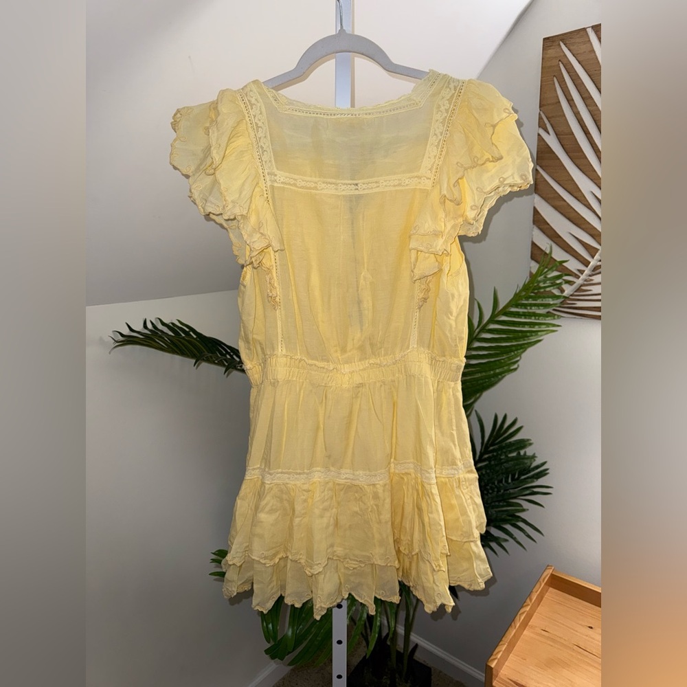 LoveShackFancy Darryl Lace Trim Pale‎ Yellow Flutter Sleeve Ruffle Mini Dress - Picture 5 of 6